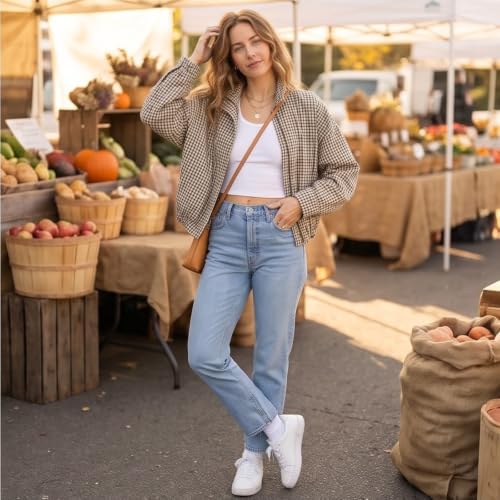 Plaid Bomber Jacket Women Oversized Cropped Funnel Neck Gingham Jacket - image 6