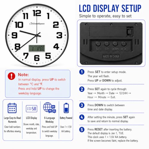 Image of Cloud Space 12 inch Silent Wall Clock Battery Operated, Non Ticking Modern Wall Clock with LCD Calendar & Fahrenheit Temperature Display, Easy-to-Read Kitchen Bedroom Office Living Room Wall Clock