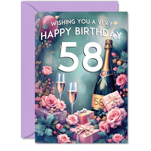 Giftzie Cartão de aniversário número 58 – Garrafa de champanhe rosa, belos e bonitos cartões de aniversário para mulheres de 58 anos, cartões de felicitação A5 de presente