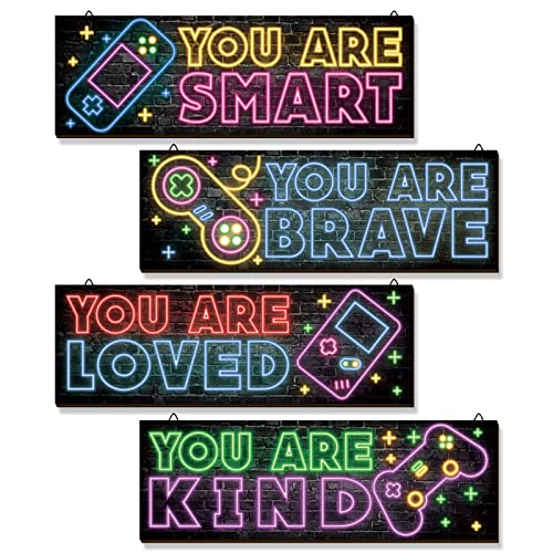 YLOLUL 4 Pieces Neon Gaming Decor for Boys Room Wooden Video Game Wall Art Print 15.7 X 5.1 Inch Motivational Quote Gamer Hanging Plaques Wall Decor for Boys Kids Room Bedroom Playroom Decorations
