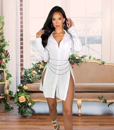 Image of Shirt Dress for Women Sexy Button Down Date Night Dresses Ruched Slit Stand Collar Long Sleeve Blouses