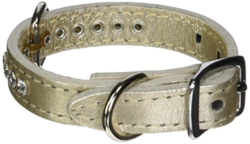 Image of Signature Leather Crystal Dog Collar, Metallic Platinum Solid Grain Leather, Fits 6 inch-8 inch Neck Size, 10 inch Overall Length