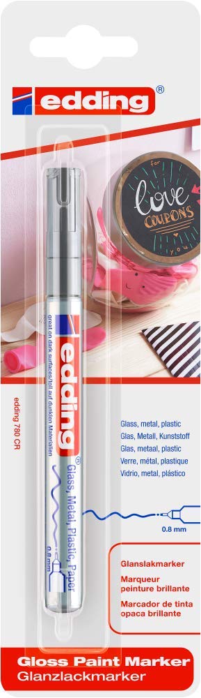 edding 780 marker do lakieru z połyskiem, srebrny, opakowanie z 1 markerem do lakieru, bardzo cienka okrągła końcówka 0,8 mm, pisak do lakieru, do szkła, kamienia, drewna, tworzywa sztucznego i