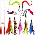 Autoau Cat Feather Toys,Interactive Retractable Cat Teaser Wand with 9 Refills with Bells and Feather Indoor Interaction with Cats(10 PACK)