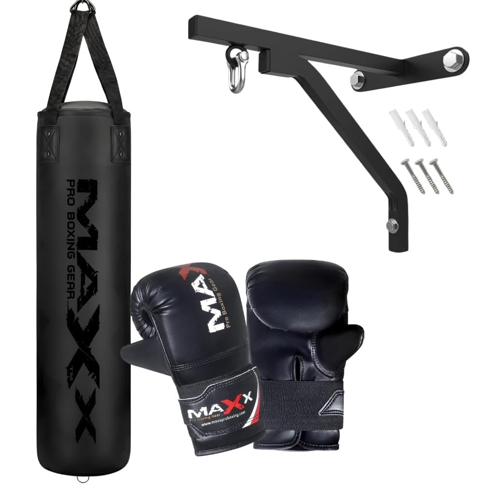 Maxx Punch Bag Boxing Set BLACK 4ft 5ft Heavy Filled Punchbag Gloves Bracket Full Black (6pc set with Bracket, 6FT)