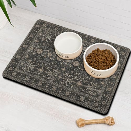 Vintage Tribal Dog Food & Water Mat, Boho Pet Feeding Mat for Floor Non-Slip Waterproof, Super Absorbent Cat Bowl Mat, Easy to Clean Durable Pet Placemat,12" × 20"