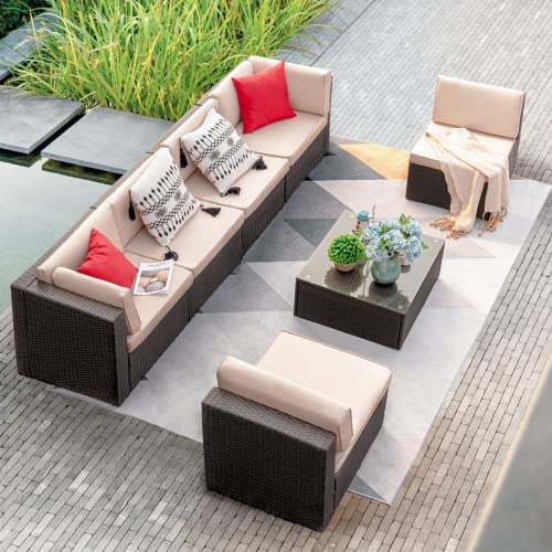 Devoko 7 Pieces Outdoor Sectional Sofa Patio Furniture Sets Manual Weaving Wicker Rattan Patio Conversation Sets With Cushion And Glass Table (Beige) #TOP6