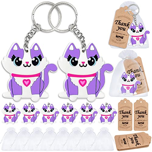 Elecrainbow 60 Pack Cute Cat Party Favors Include 20 Keychains, 20 Thank You Tags, 20 Goodie Bags for Cat Kitty Keychain Return Gift,kids Birthday,Baby Shower,Goodie Bag Fillers