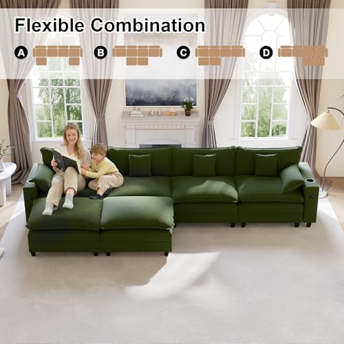 Image of KCGKCG 152 inch Modular Sectional Sofa, U Shaped Cloud Couch with Movable Ottoman, Chenille Deep Seat Cloud Sofa with Charging Station, Cup Holder, Side Pocket, Sectional Couches for Living Room, Green