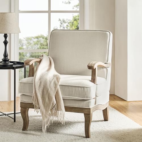 HULALA HOME Mid-Century Modern Accent Chair, Upholstered Living Room Lounge Chair, Lounge Armchair with Romantic Stripes & Solid Wood Legs, Living Room Bedroom Single Sofa Chair (Ivory)