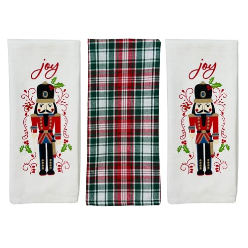 Serafina Home Holiday Christmas Kitchen Dish Hand Towels – Set of 3 100% Cotton Red Green White Nutcracker Embroidery & Traditional Tartan Plaid Design- 25" x 15" Multipurpose Towels for Everyday Use