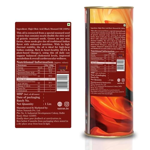 Image of SatRas India's First High Oleic Mustard Oil 1Ltr Extracted from Raya 1706 Seeds | 2X Higher Oleic Acid | Cold pressed Kachi Ghani Sarso Oil | Unrefined, Pure Sarson Tel | Non-GMO & Preservatives Free