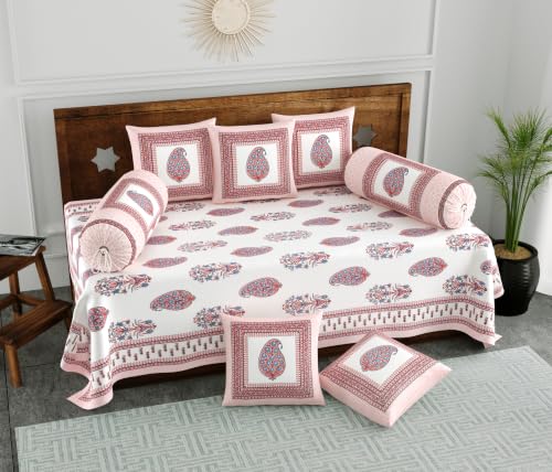 Image of BLOCKS OF INDIA 200TC Diwan Set Cotton 8 Piece | Deewan Printed Bedsheet Sets for Living Room Hall (Set of 8 Piece, 1-Bed Sheet | 2-Bolster Cover | 5-Cushion Cover (Color 43)
