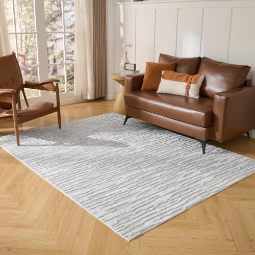 Textured High-Low Striped Area Rug Neutrel, Washable Cozy 6*8 feet