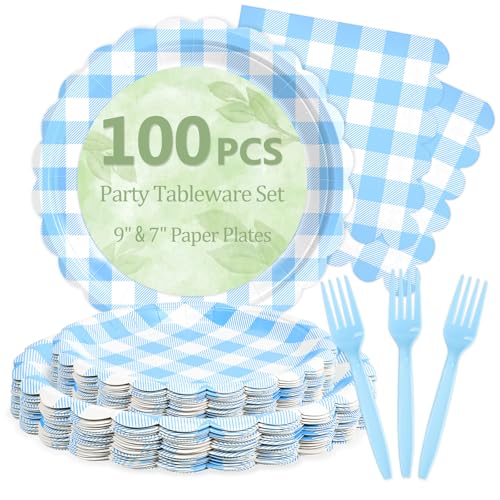 Image of 100 Light Blue Gingham Paper Plates and Napkins Disposable Set for Party