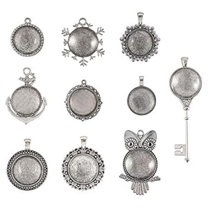 PandaHall 10pcs 10 Formes Plateaux à Pendentif Ancre/Hibou/Flocon de Neige et 10pcs 25 mm Cabochons en Verre Demi-Rond à dôme Transparent pour la Fabrication de Bijoux Photo