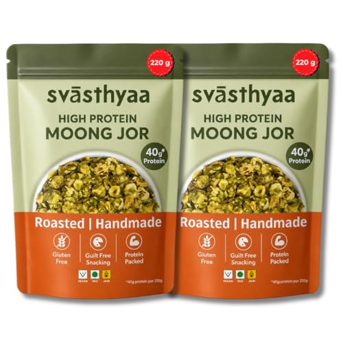 Image of Svasthyaa High Protein Moong Jor | Roasted Moong Dal Namkeen Snack | Healthy Vegetarian Dal Snack | Gluten Free, Vegan & Jain | Breakfast, Travel & Kids | 220g | Pack of 2
