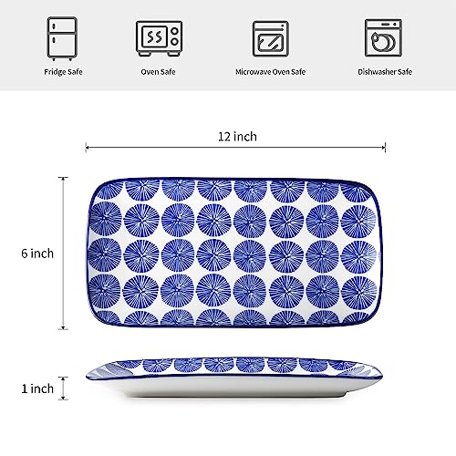 Selamica Ceramic Rectangular Serving Platters Set of 4, 12 Inch Serving Trays/Dishes for Party Entertaining, Rectangular Dinner Plates for Appetizer Salad Dessert Sushi, Vintage Blue