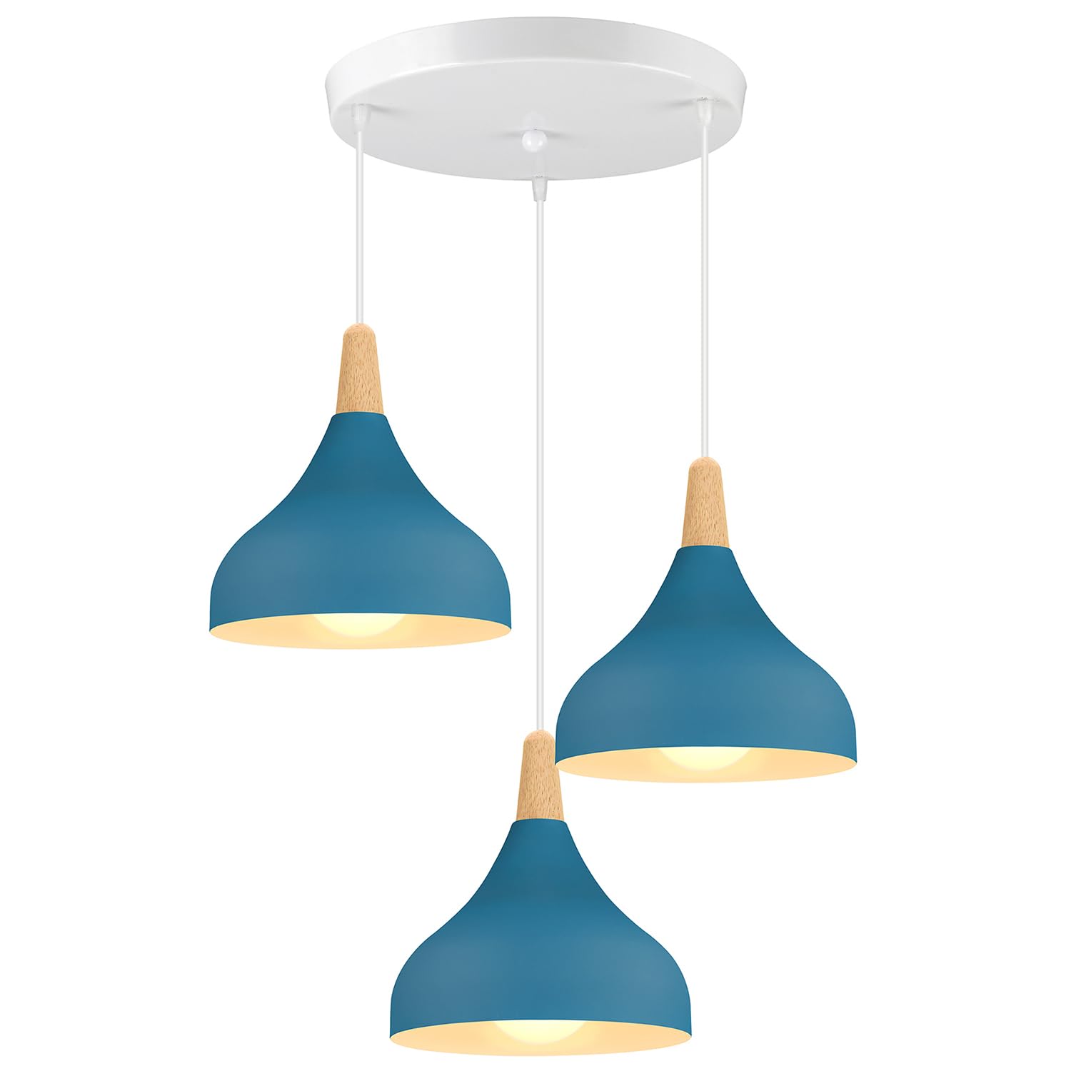 iDEGU 3 Retro E27 Pendant Light Modern Style Drop Hat Ceiling Light Metal Wood Ceiling Lamp for Dining Room Living Room Kitchen Diameter 20 cm (Oxford Blue, Bar)