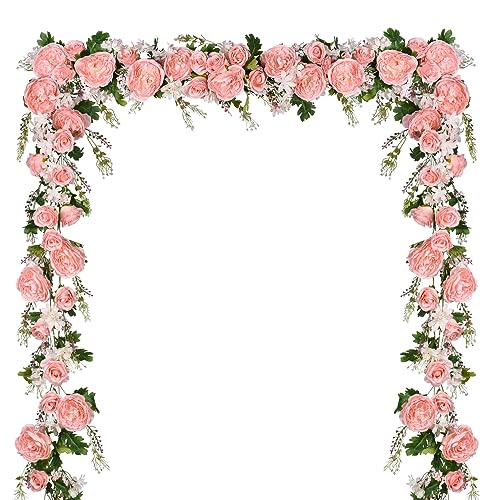 Artiflr 2 Pack Artificial Peony Garland Flowers, 12ft Floral Greenery Garland Rose Flower Vine with Pink Peony and Green Leaves for Wedding Dining Table Home Party Decor (2, Pink)
