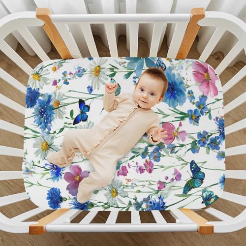 Image of Crib Sheet Breathable Soft Crib Mattress Sheet for Baby Toddler Boys Girls Fitted Crib Sheet Fit Standard Crib Mattress 39 x 27 Inch Watercolor Cornflower Daisy