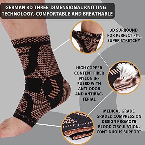 LISEPWU Copper Ankle Brace, Copper Infused Ankle Support Compression Sleeve for Men & Women, for Foot Pain Relief, Sprained Recovery, Achilles Tendonitis, Daytime or Night Use(L)