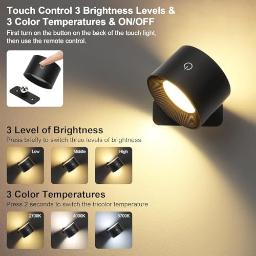 Image of Lightess Battery Operated Wall Sconce Black, Remote Control, Set of 2 | 5000mAh Rechargeable, 19 Colors Dimmable, Stick on Wall Lights for Hallway, Bedroom, Living Room