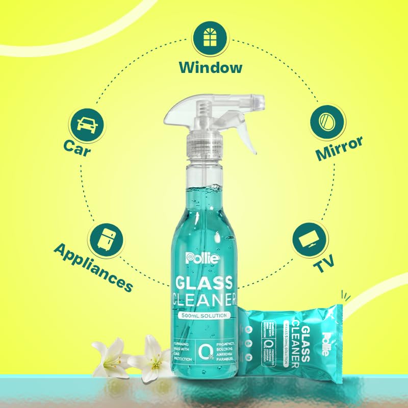 Image of Pollie Glass Cleaner 1.5L | 1 Empty Bottle + 3 Refill Sachets | 1 Sachet Makes 500mL | Gadgets, Electronics, Cars Mirror, Kitchens, Bathrooms & Other Surfaces | Dual Fragrance, Alcohol-Free Formula