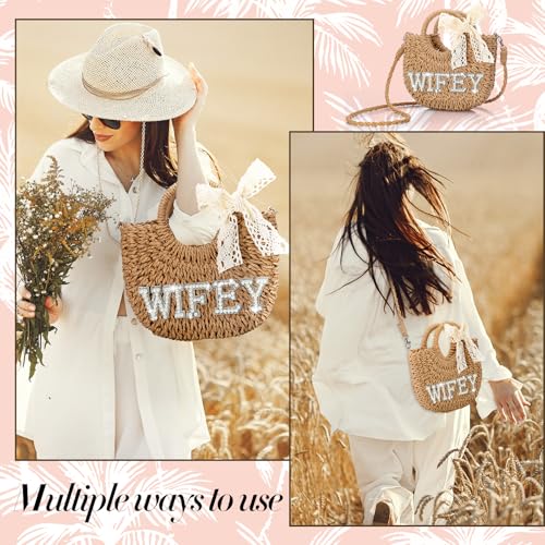 Image of Pinkunn Bride Gift Bride Straw Purse Mrs Handwoven Bag Rhinestone Letter Bag Bachelorette Honeymoon Wedding Bridal Shower