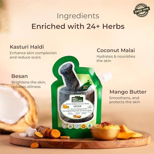 Image of Indus Valley Bio Organic Kasturi Haldi & Coconut Malai Ubtan, Skin Brightening Paste with Besan & Mango Butter for Face & Body