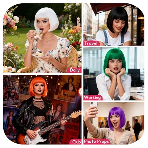 Image of 2 Pack Pink Short Bob Wig with Bangs for Women, Neon Bobs Colorful Party Wigs with Heart Sunglasses for Princess Fairy Theme Party Outfit Birthday Cosplay Valentine's Day Daily Fun