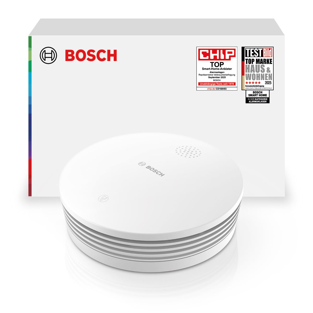 Bosch Smart Home Rauchwarnmelder II, Smarter Rauchmelder mit Sirene & App-Alarm, vernetzter Brandschutz im ganzen Zuhause, Apple Home kompatibel, einfache Montage, Controller II erforderlich