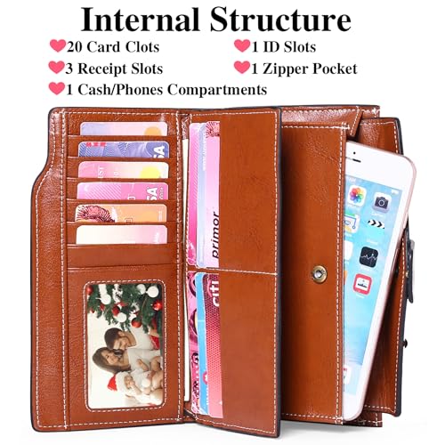 Personalized Engraved Name Wallet,Custom Birth Month Flower Wallet with RFID Blocking Genuine Leather Credit Card Holder Large Capacity for Women(Wax-Brown)2