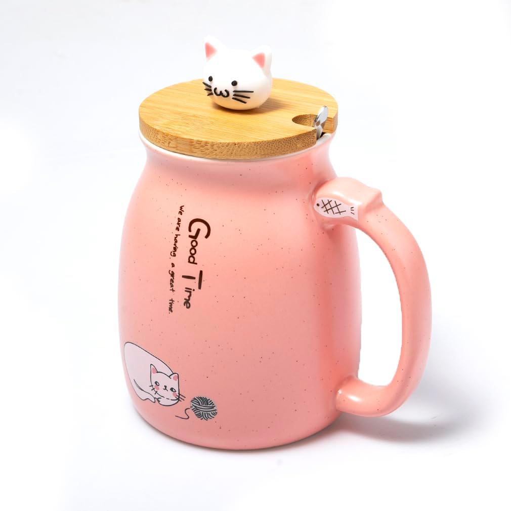 Kawaii Cat Mug 450 ml Pink with Lid and Spoon