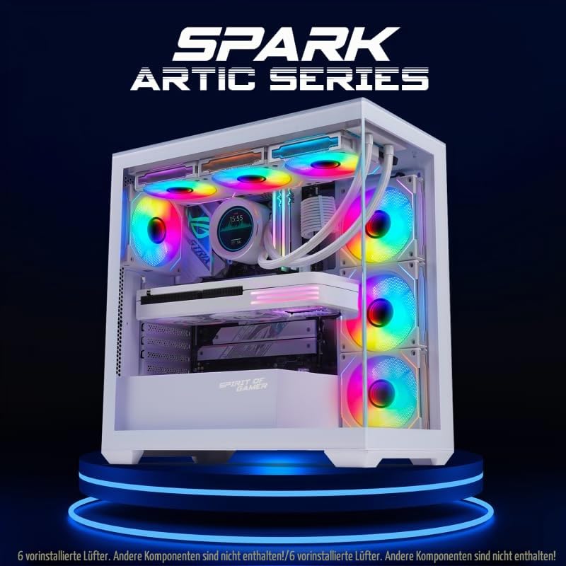 Spirit Of Gamer - Spark Artic, PC-Gehäuse, Gamer, Aquarium, RGB, kompatibel mit ATX/mATX/mITX, 6 Lüfter 120 mm ARGB inklusive, mittlere Tower Gaming leer mit seitlicher Vorderseite und Vorderseite aus