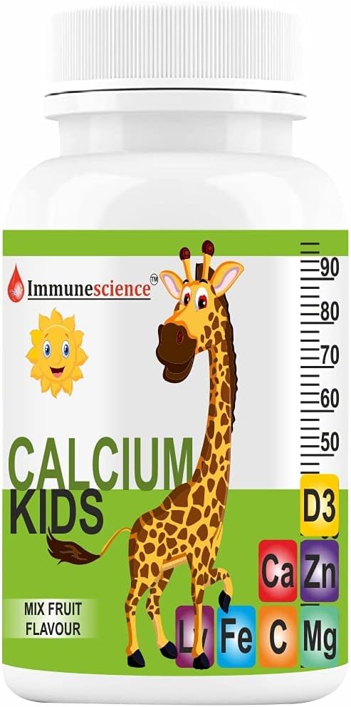 Immunescience Calcium For Kids With Vitamin D3 (Vit d), Magnesium, Zinc, Vitamin C, L lysine Multivitamin Supplement For Strong Bone, Teeth, Height, And Growth - 60 Chewable Tablets (Pack 1)