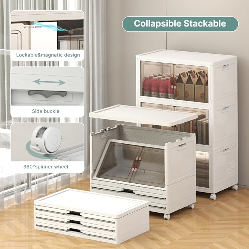 Image of UAMFURI 336QT Lockable Storage Bins with Lids - Stackable Storage Cabinet with Doors and Wheels, Collapsible Plastic Organizer and Containers for Closets, Office, 3 Pack Cubes