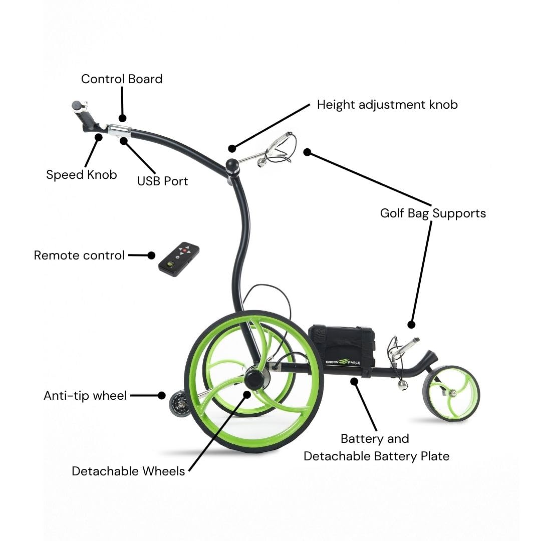 Green Eagle Golf - Terra Electric Golf Push Cart - Ultraslim Stainless Steel Frame - Lithium Battery - Remote Control - 36 Holes - Fully Accessorized