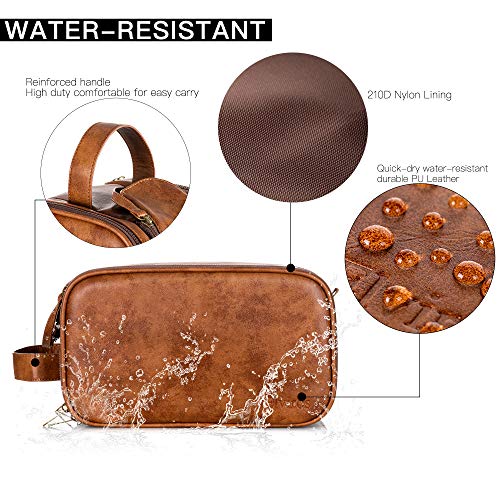 Elviros Waterbestendige lederen toilettas voor mannen grote reistas scheren Dopp Kit Badkamer Gym Toiletten Make-up Organizer met gratis natte droge tas (Bruin, 28 x 15 x 16 cm) - Image 5