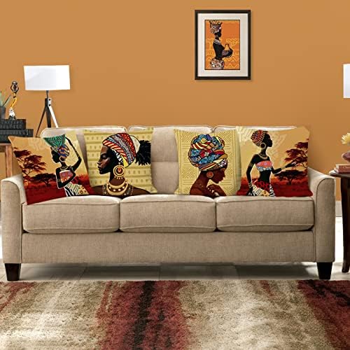 Bonhause African Women Cushion Covers 18 x 18 Inch Set of 4 Ethnic Tribal Black Girls Decorative Accent Throw Pillow Covers Polyester Linen Pillowcases for Sofa Couch Bed Home Decor, 45 x 45 cm