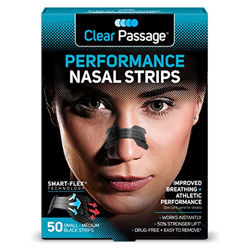 Clear Passage Performance Nasal Strips for Athletes, Black, 50 Count | Instantly Improves Athletic Performance + Breathing, Relieves Nasal Congestion, & Reduces Snoring (SM/MED)