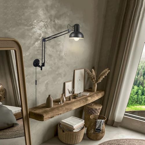 Image of Black Industrial Swing Arm Wall Light Nordic Adjustable Long Arm Wall Sconces Lamp Metal Double-arms Folding Architect Work Wall Mount Lighting for Bedroom Reading Living Room