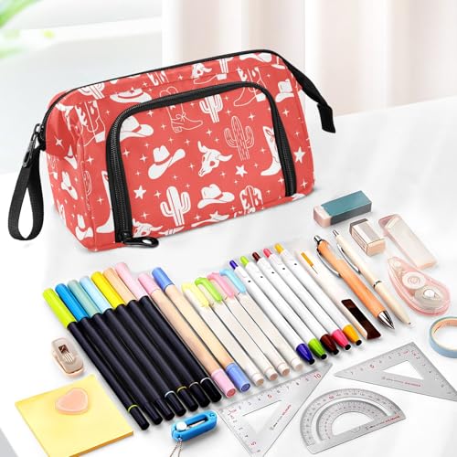 Image of Western Cowboy Red Pencil Case Pouch Big Capacity Pencil Bag Box Organizer Pen Case with Compartmens Stationery Organizer for Girls Boys Women Kids Adults School