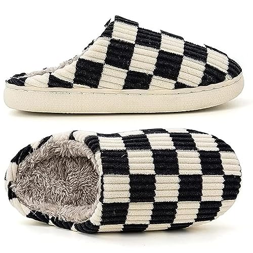 Mukinrch House Slippers for Women Men, Plush House Shoes Memory Foam Checkered Slippers Womens Casual Fuzzy Bedroom Indoor Outdoor Plaid Shoes with Fur Lining2