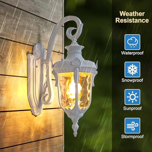 Outdoor Wall Lights, Waterproof Aluminum Porch Wall Light for Outside House, Patio, Yard, Garden, White Gooseneck Exterior Wall Sconce, Hardwired Outdoor Acorn Shape Lantern Lamp, Water Ripple Glass