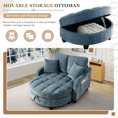 Image of Oversized Chair and A Half, Chenille Tufting Accent Cozy Reading Sofa Chair with Storage Ottoman, Upholstered Loveseat Chaise Lounge Sofa with Adjustable Back for Living Room, Office, Sunroom, Blue