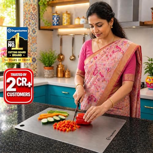 Image of OrganizeMee Extra Large Stainless Steel Chopping Board (45CM X 31CM) with Anti-Skid Silicon Pad, Metal Cutting Kitchen,Heavy Duty Chopping-Board Vegetable,Meats Vegetable Chopper Boards, Safe Durable