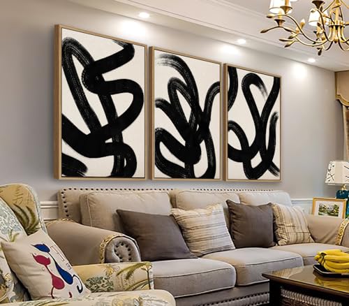 Framed Wall Art Canvas Set Abstract Lines Pictures Modern Mid Century Boho Wall Decor Minimalist Abstract Black Stroke Lines Canvas Painting Artwork Living Room Bedroom Home Office 24'x36'x3 Natural