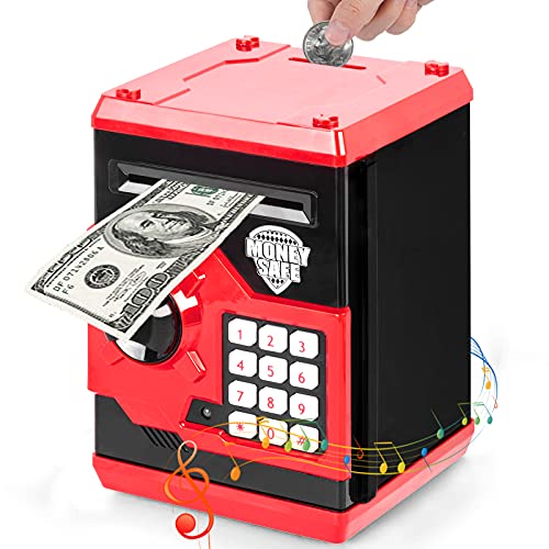 JXZJCY Piggy Bank for Kids, Electronic Password Piggy Bank ATM Money Box Toys for Boys Girls, ATM Saving Machine Birthday Xmas Gifts Cash Coin Money Box Bank (red)