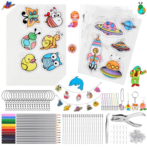 CGBOOM 201 Piezas Plastico Magico, Incluye A5 10 Plastico Encogible Transparente, 5 Plástico Magico Con Patrón, Perforador, Lápiz, Cierre, Kit De Shrink Plastic Para Niños